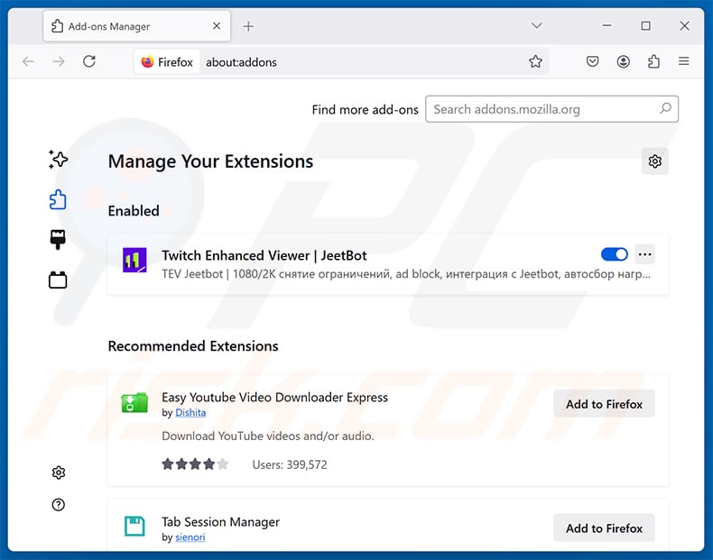 Removing Twitch Enhanced Viewer | JeetBot Malicious Extension from Mozilla Firefox step 2