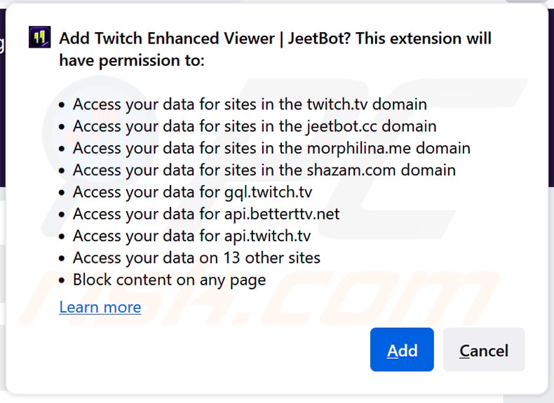 Twitch Enhanced Viewer | JeetBot Malicious Extension requesting permissions in Firefox