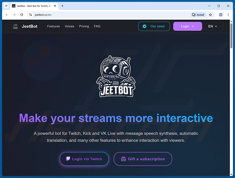 Website promoting Twitch Enhanced Viewer | JeetBot Malicious Extension