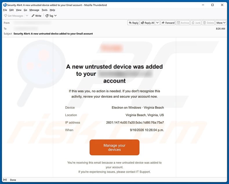 Untrusted Device Was Added To Your Account email spam campaign