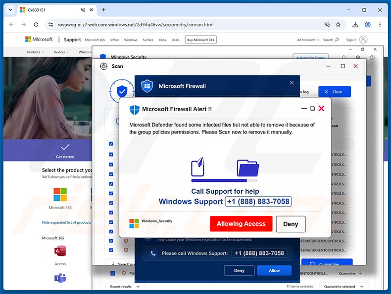 Microsoft Firewall Alert pop-up scam promoted via Unusual Activity On Your Account email scam (2026-09-15)
