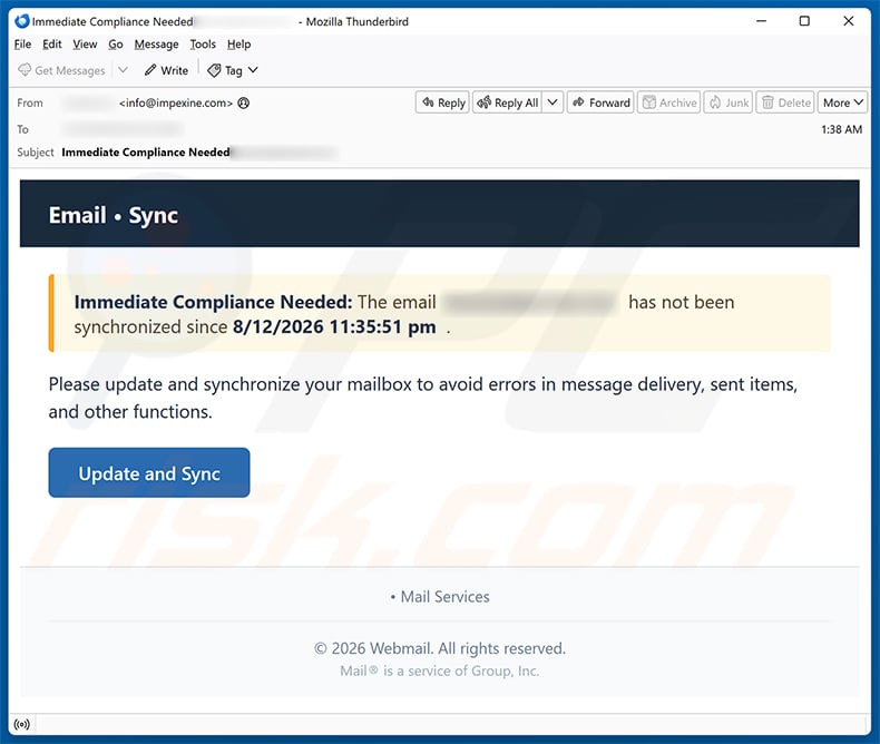 Update And Synchronize Your Mailbox Email Scam spam campaign