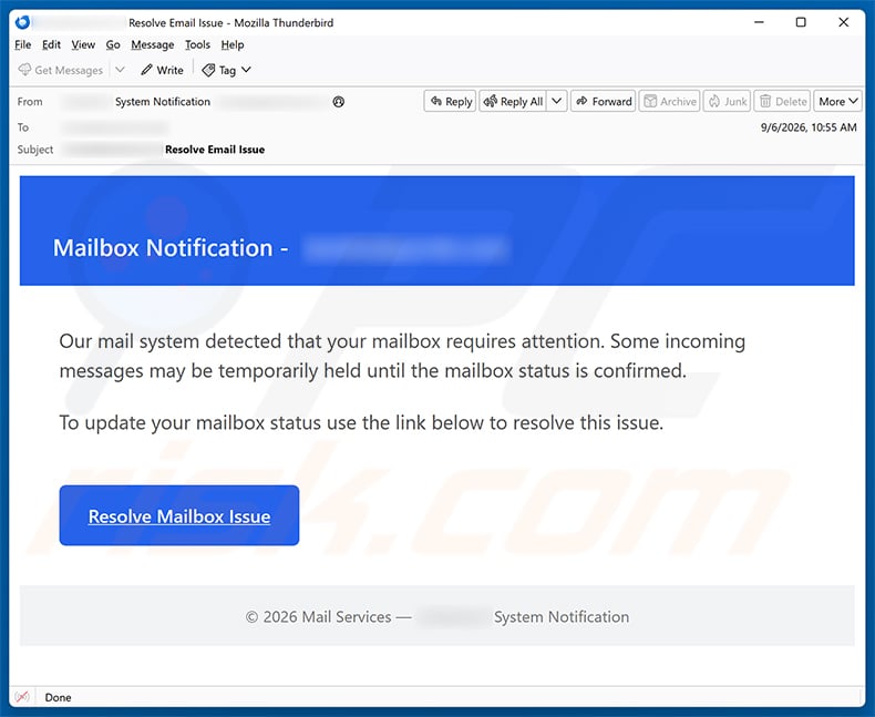 Update Your Mailbox Status email spam campaign