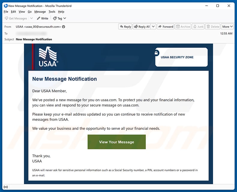 USAA - New Message Notification email spam campaign