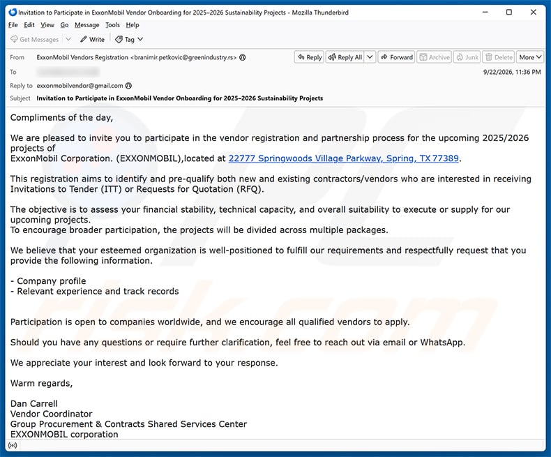 Vendor Registration And Partnership Process email spam campaign