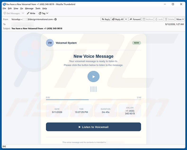 Voicemail Message Received Email Scam (2026-09-14)