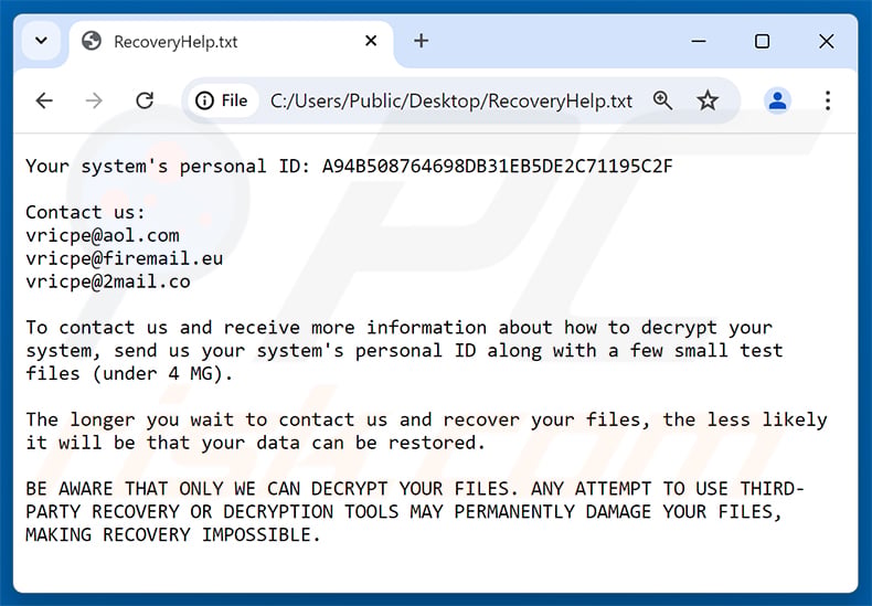 Vricpe ransomware ransom note (RecoveryHelp.txt)