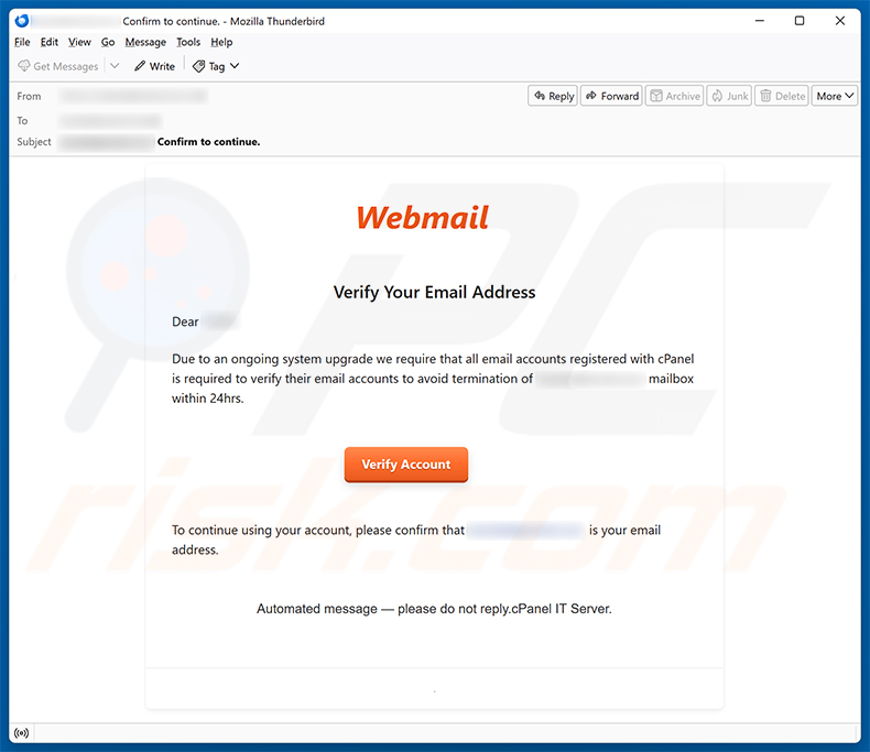 Webmail Account Verification scam email - sample 3