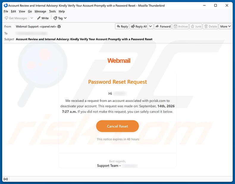 Webmail Password Reset Request Email Scam email spam campaign