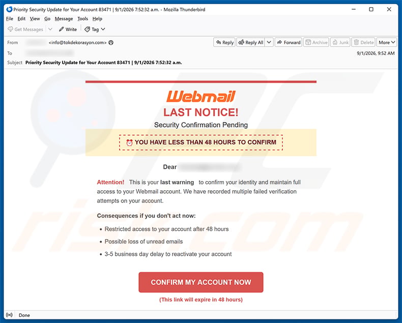 Webmail Security Confirmation Pending email spam campaign