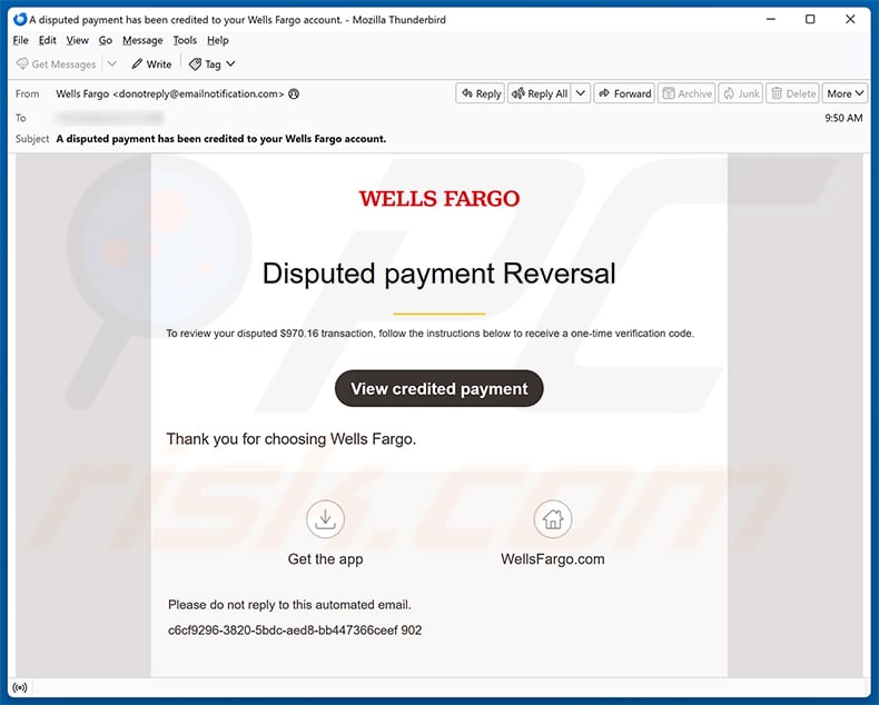 Wells Fargo - Disputed Payment Reversal email spam campaign