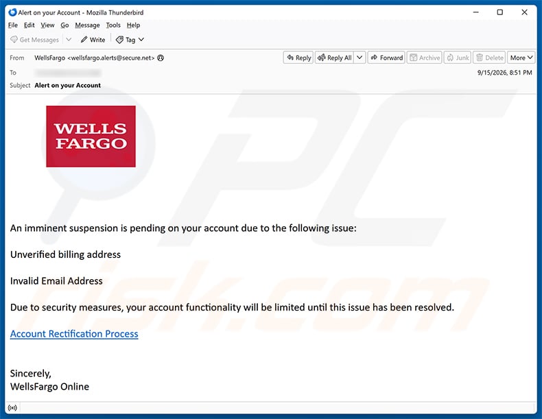 Wells Fargo - Pending Account Suspension Email Scam