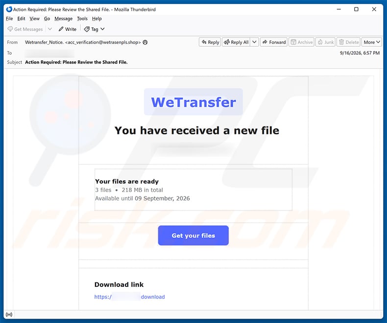 WeTransfer - You have received a new file email scam (2026-09-17)