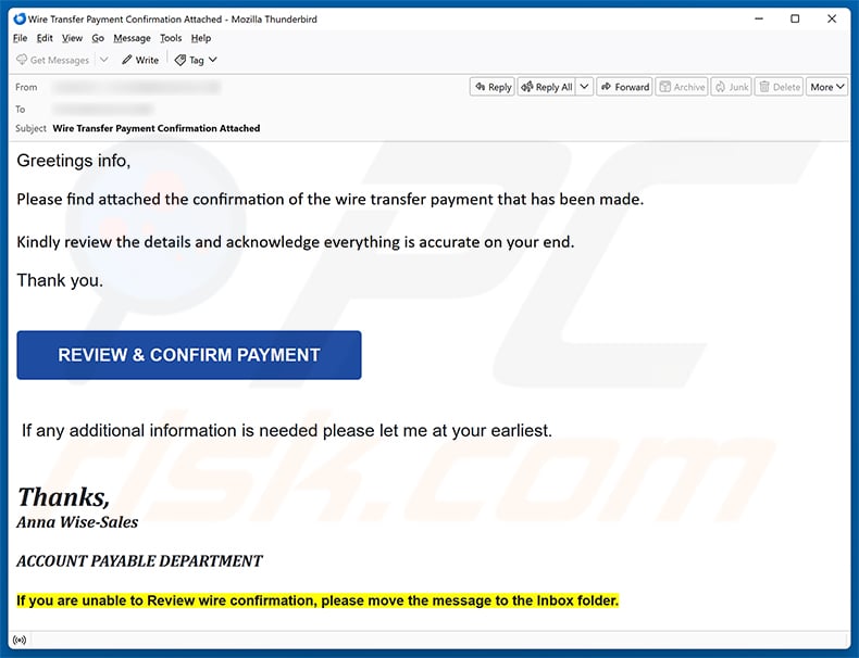 Wire Transfer Payment Confirmation Email Scam email spam campaign