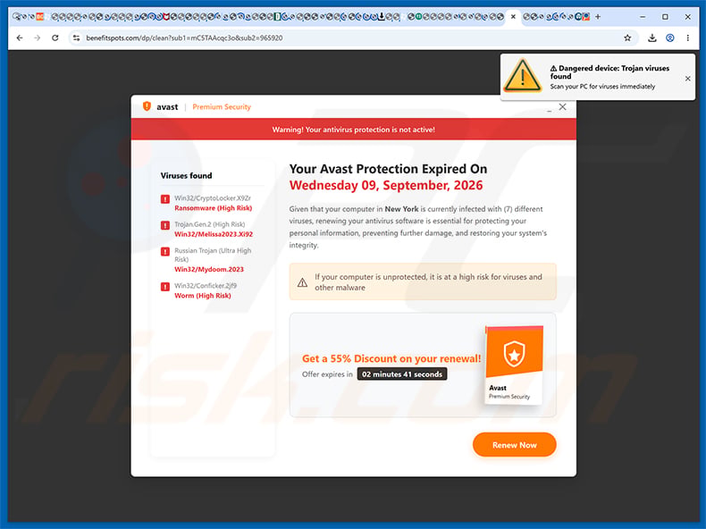Your Avast Protection Expired pop-up scam (benefitspots[.]com)