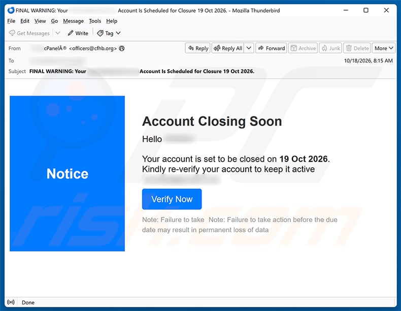 Account Closing Soon email spam campaign