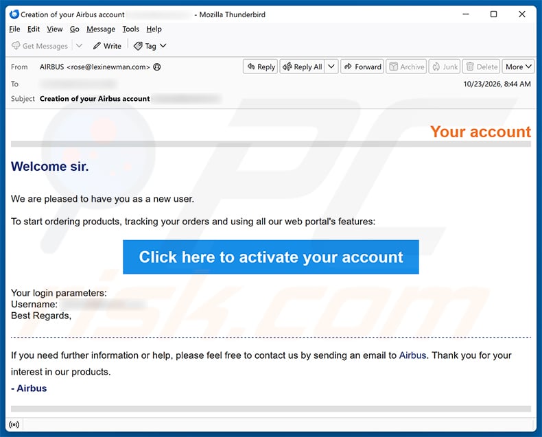 Airbus Account Activation Email Scam email spam campaign
