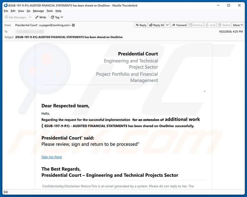 Audited Financial Statements Shared On OneDrive Email Scam email spam campaign