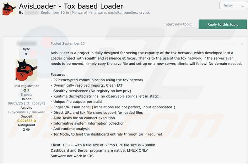 AvisLoader advertised on a cybercrime forum (source varonis-com)