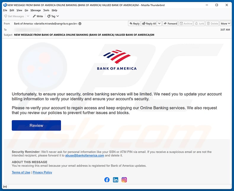 Bank Of America - Online Banking Services Limited Email Scam email spam campaign