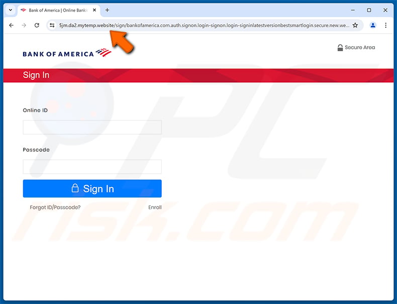 Bank Of America - Online Banking Services Limited Email Scam phishing page