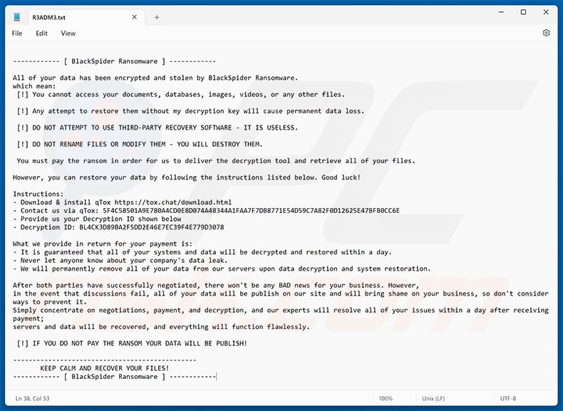 Ransom note delivered by Black Spider ransomware (R3ADM3.txt)