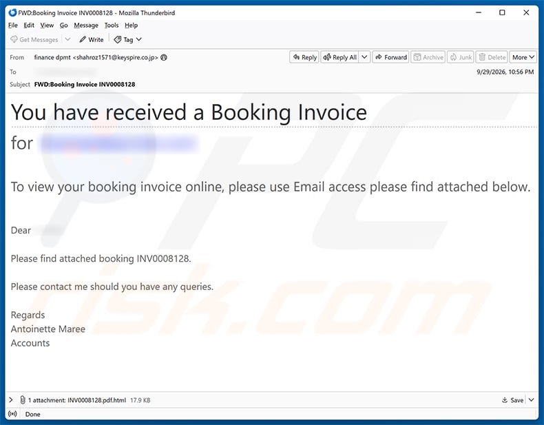 Booking Invoice Email Scam email spam campaign