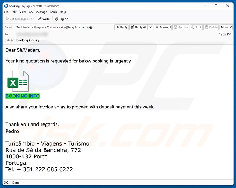 Booking Quotation Request Email Scam email spam campaign