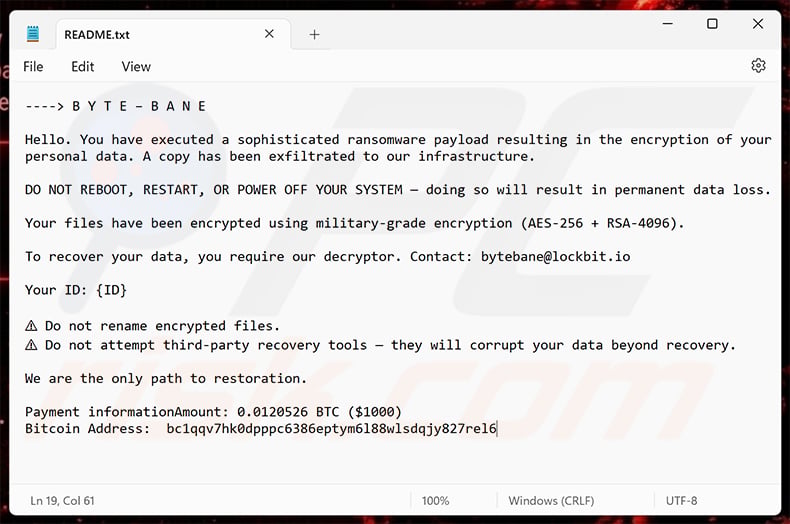 ByteBane ransomware ransom note (README.txt)