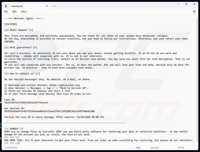 Calipso ransomware ransom note (recovery.txt)