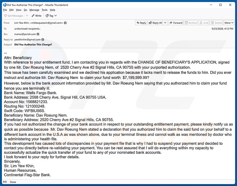 Change Of Beneficiary's Application email spam campaign