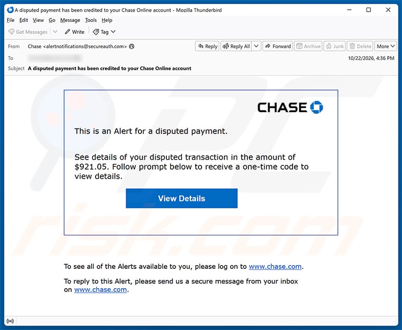 Chase - Disputed Payment Alert email spam campaign