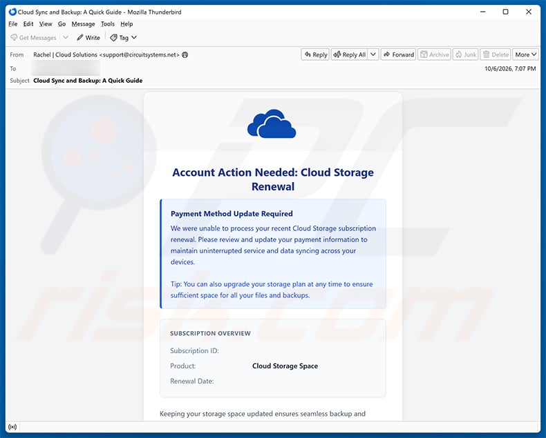 Cloud - Your Payment Method Has Expired Email Scam (2026-10-07)