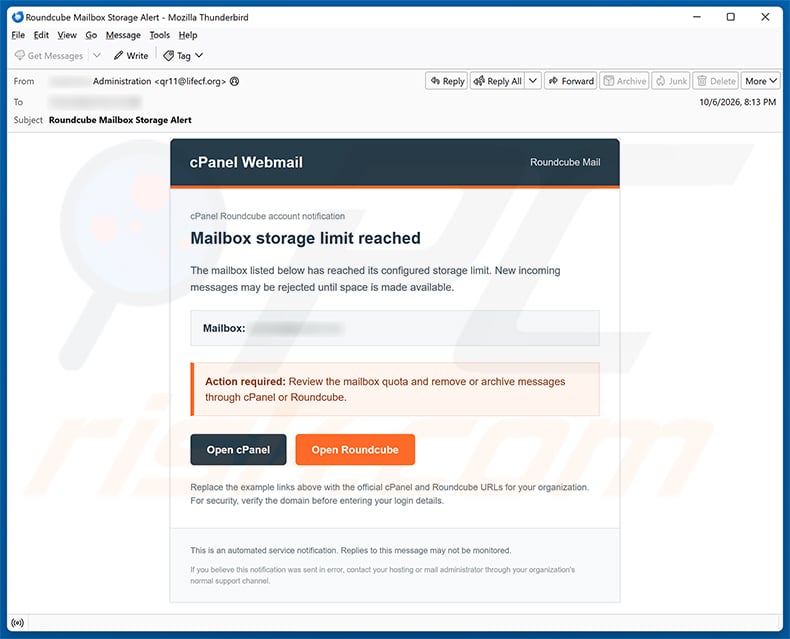 cPanel Mailbox Storage Limit Reached Email Scam email spam campaign