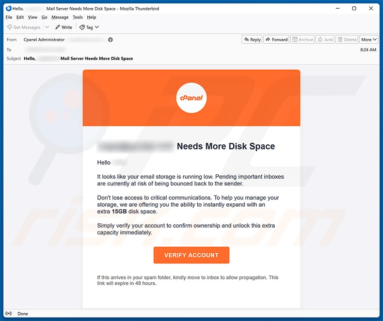 cPanel Needs More Disk Space email spam campaign