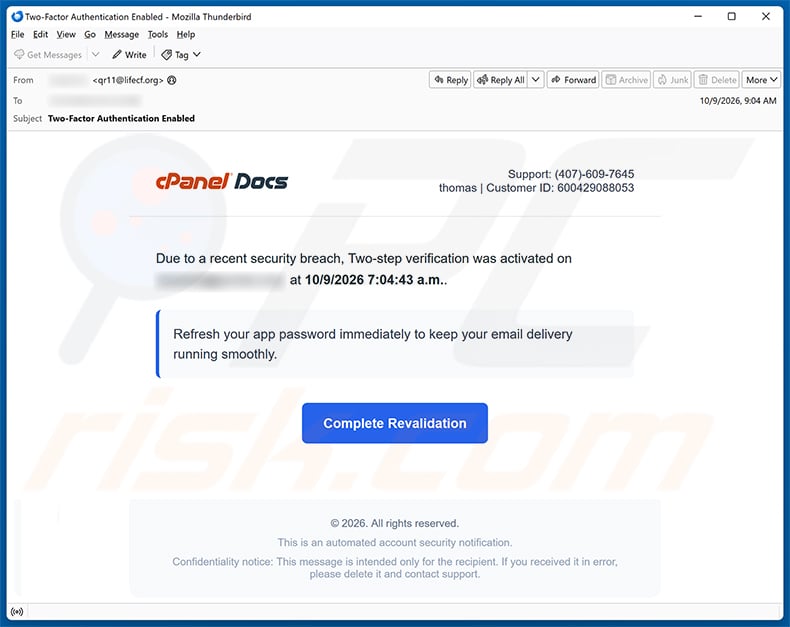 cPanel Security Breach Email Scam email spam campaign