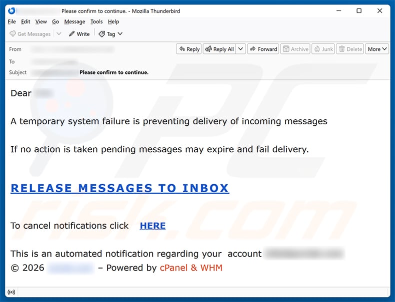 cPanel - Temporary System Failure Email Scam email spam campaign