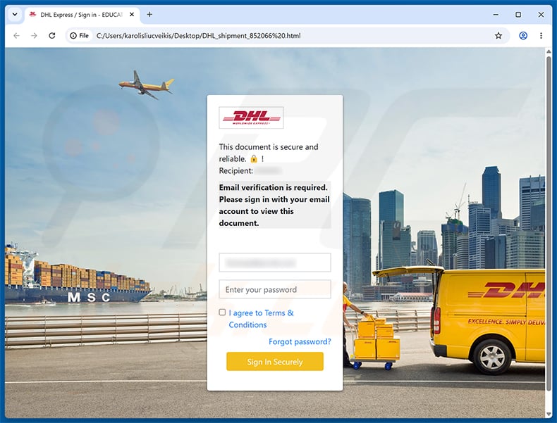 DHL Express Bill Of Lading Email Scam phishing page