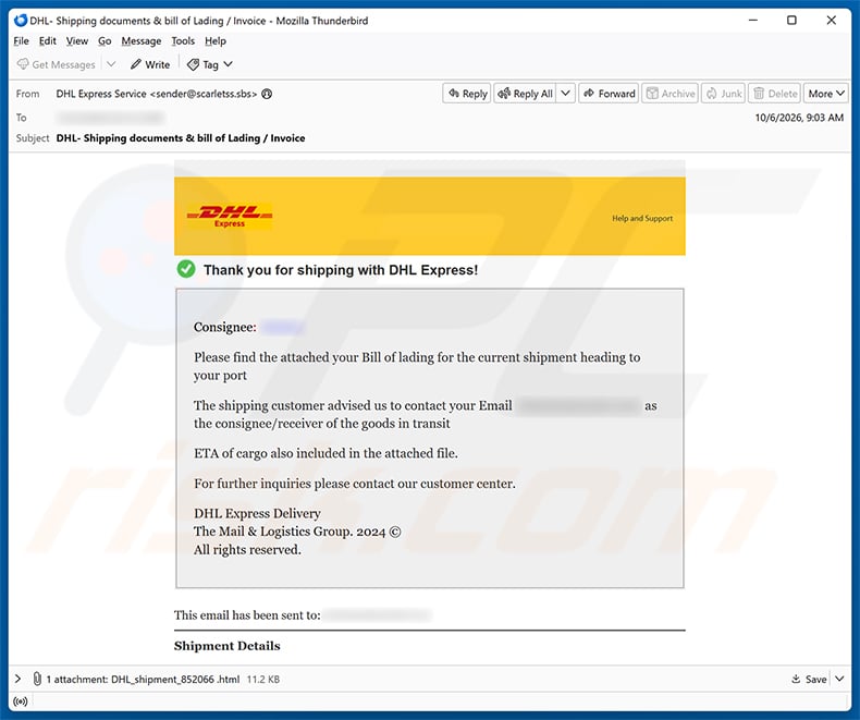 DHL Express Bill Of Lading Email Scam email spam campaign