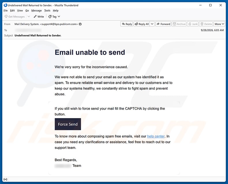 Email Unable To Send Scam email spam campaign