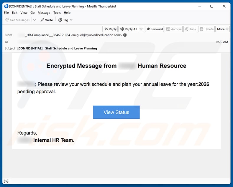 Encrypted Message From Human Resource Email Scam email spam campaign