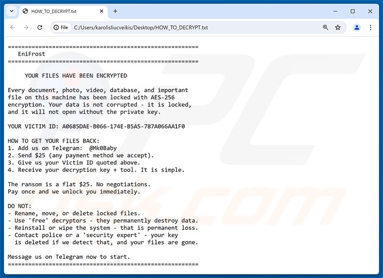 EniFrost ransomware ransom note (HOW_TO_DECRYPT.txt)