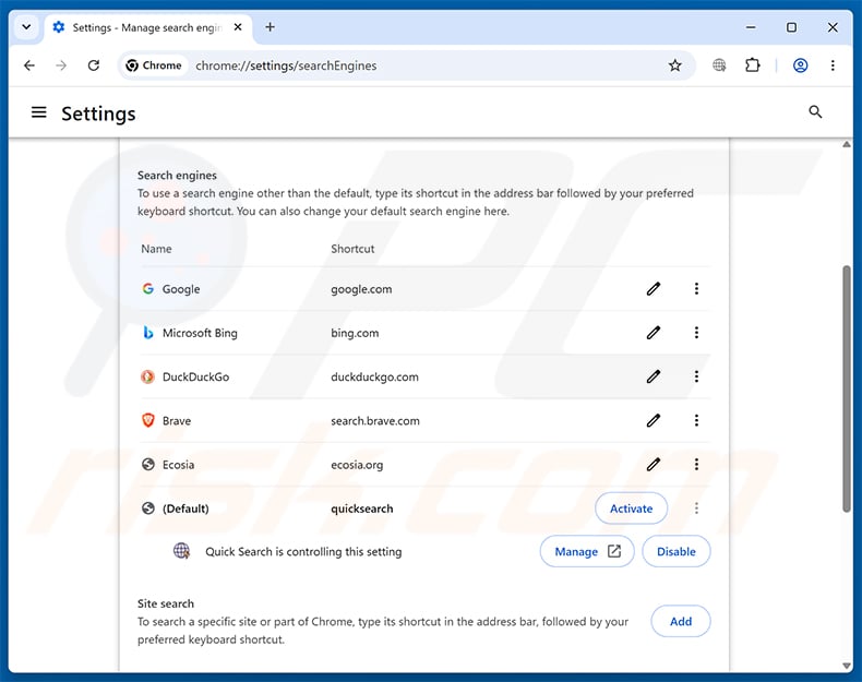 Removing Quick Search (find.flashysearches.com) from Google Chrome default search engine