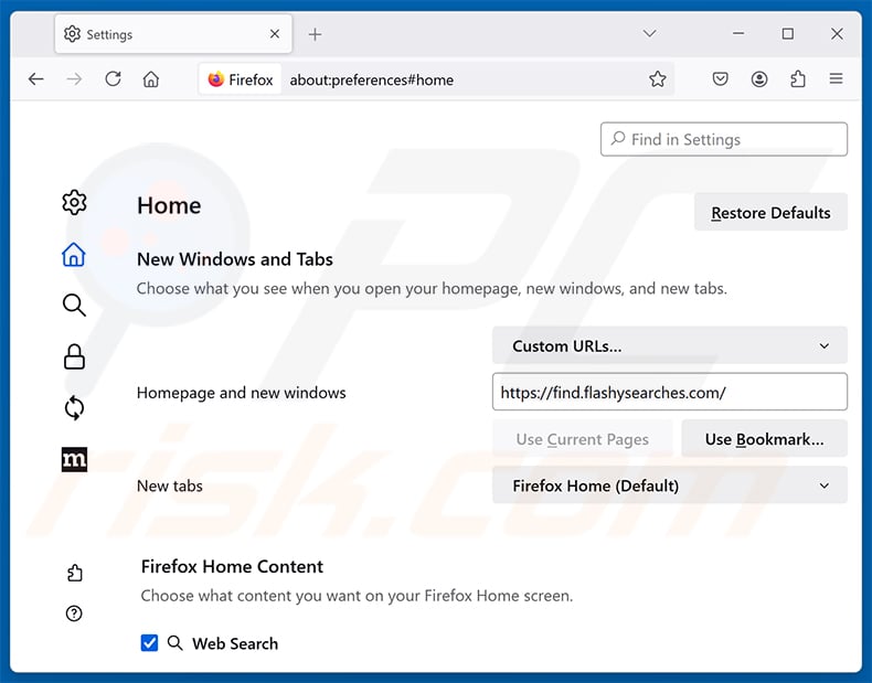 Removing Quick Search (find.flashysearches.com) from Mozilla Firefox homepage