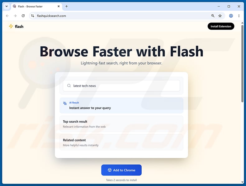 Website promoting Quick Search (find.flashysearches.com) browser hijacker - sample 1