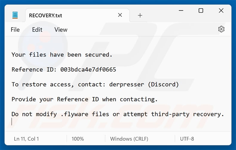 Flyware ransomware ransom note (RECOVERY.txt)