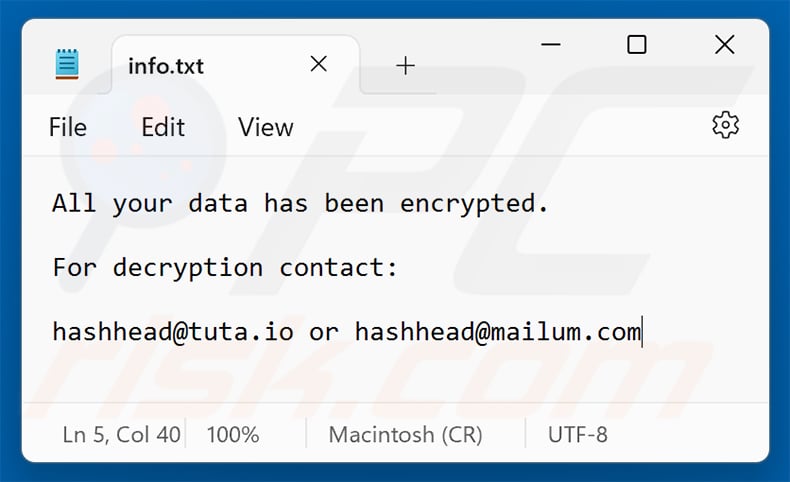 Has ransomware ransom note (info.txt)