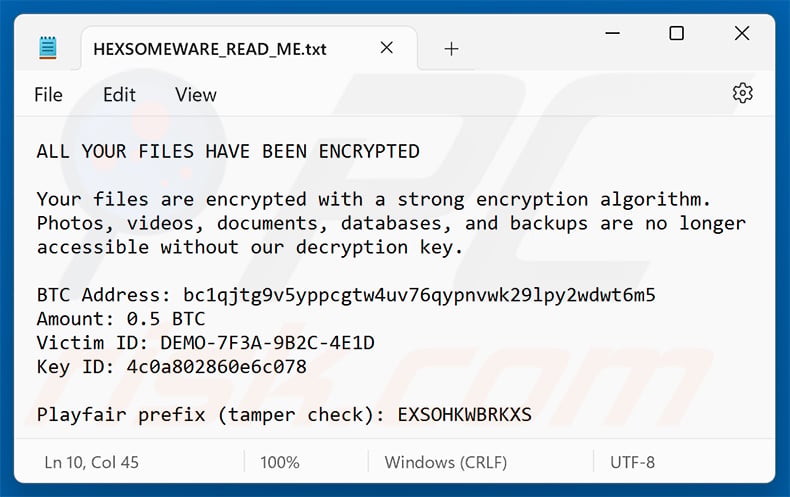 Hexsomeware ransomware text file (HEXSOMEWARE_READ_ME.txt)