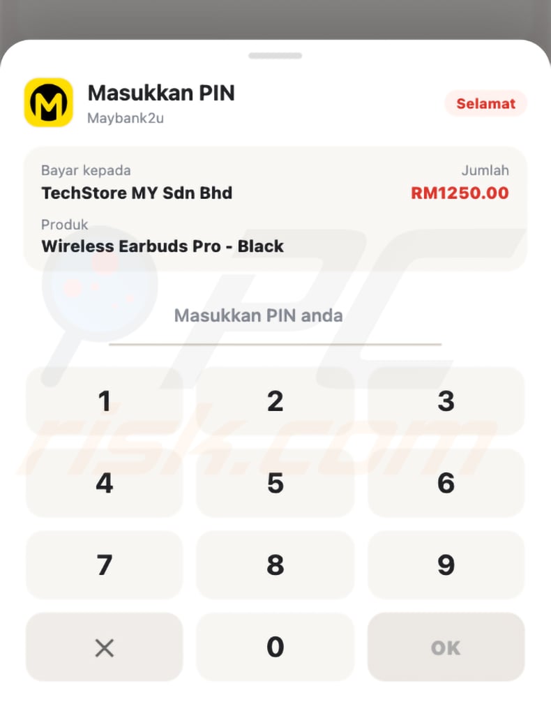 Hirudo fake checkout overlay page with Maybank branding