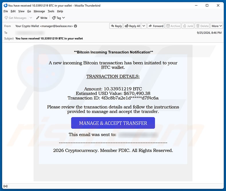 Incoming Bitcoin Transaction Email Scam email spam campaign